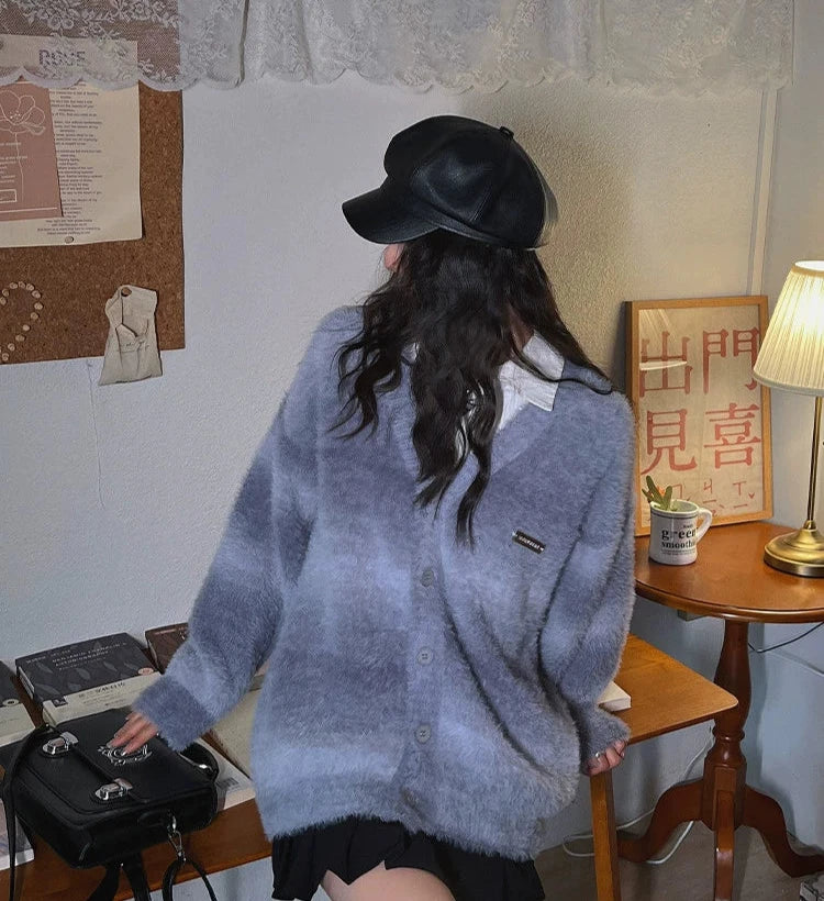 Button Closure Fuzzy Wool Sweater