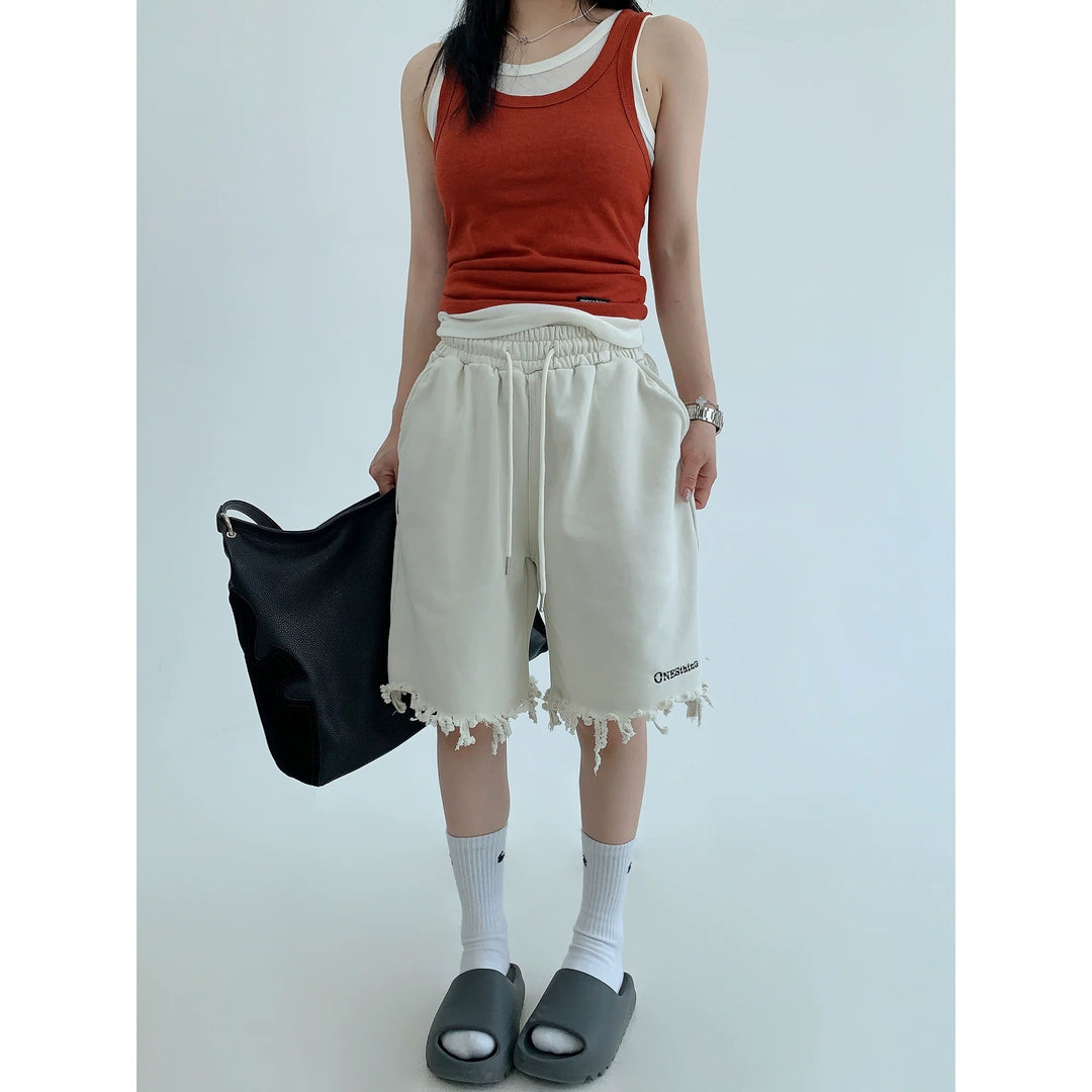 Loose Fit Tassel Hem Casual Shorts