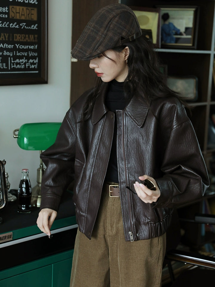 Elastic Waistband Classic Leather Jacket