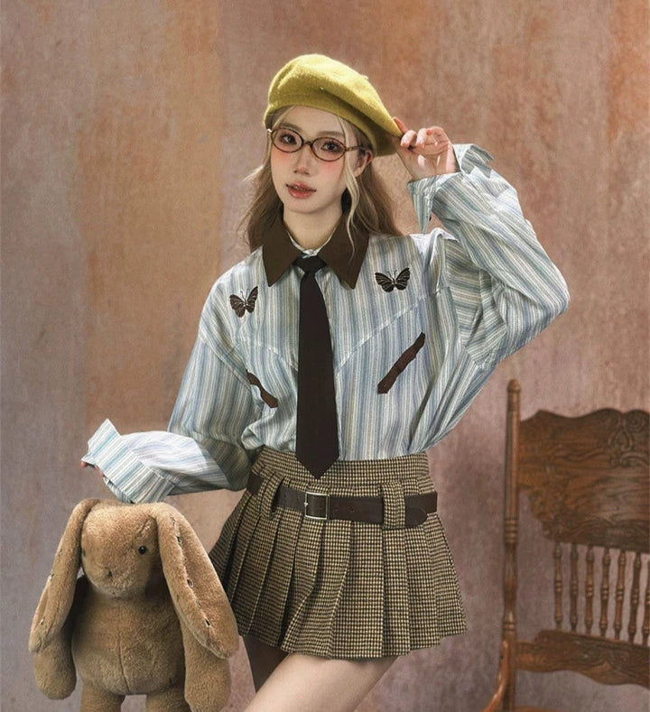 Plaid Pleated Belt Skirt