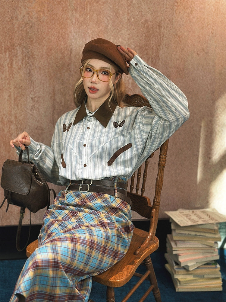 Embroidered Butterfly Striped Shirt