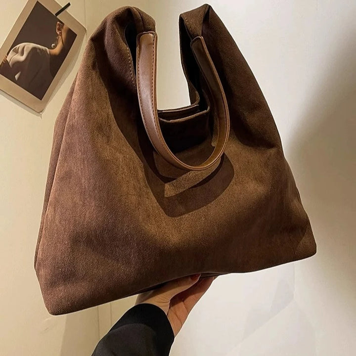 Leather Handle Suede Tote Bag