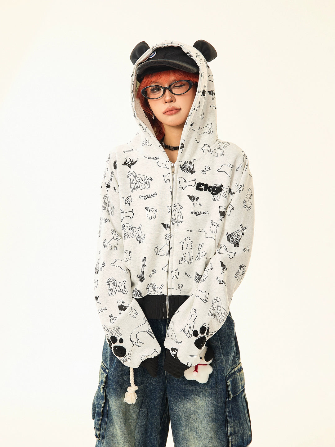 Graphic Print Ears Hooded Jacket