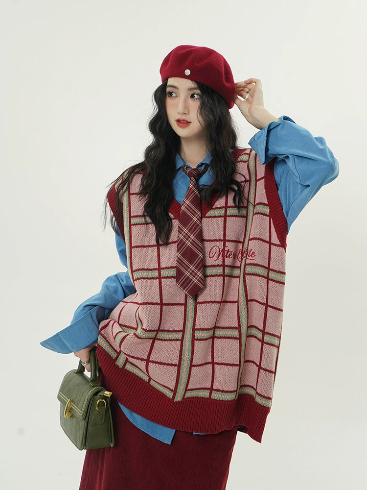 V-Neck Plaid Wool Sweater Vest