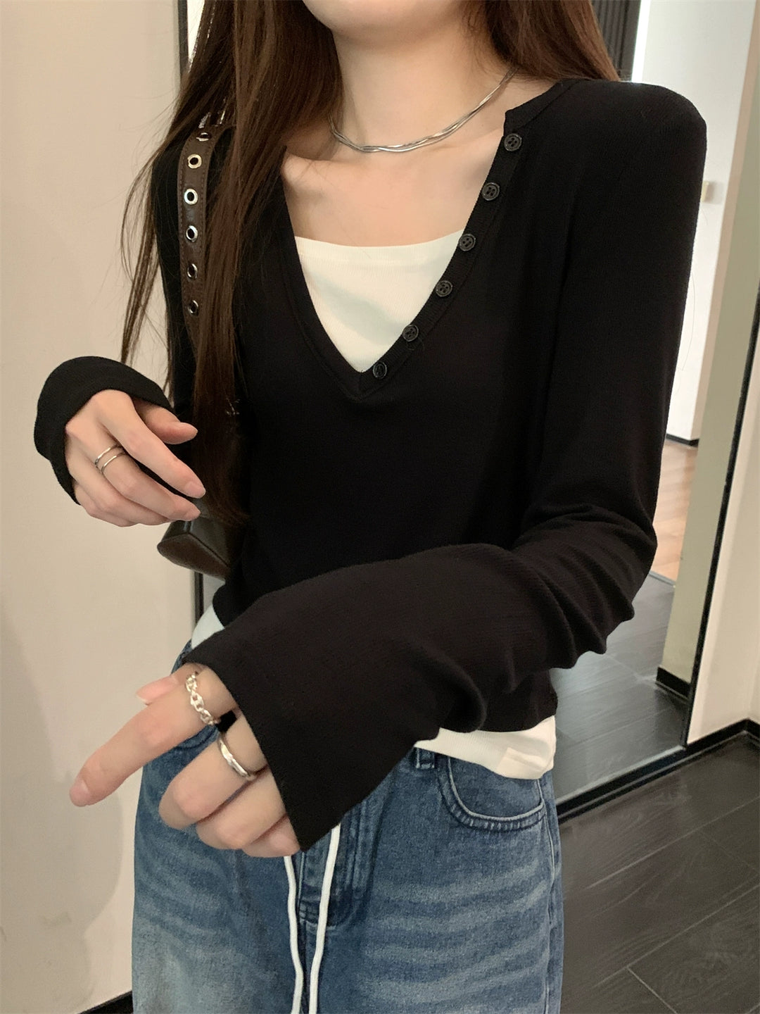 Long Sleeve Button Detail T-Shirt