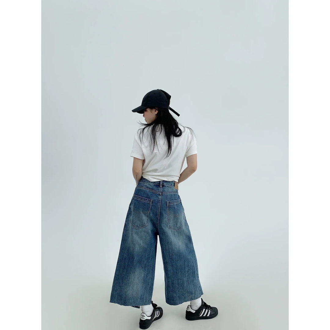 Irregular Hem Wide-Leg Cropped Jeans