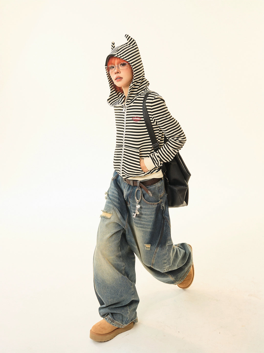 Striped Ears Hooded Zip-Up Sweatshirt