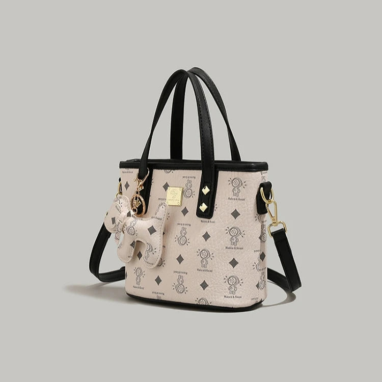 Bear Charm Patterned Bucket Bag
