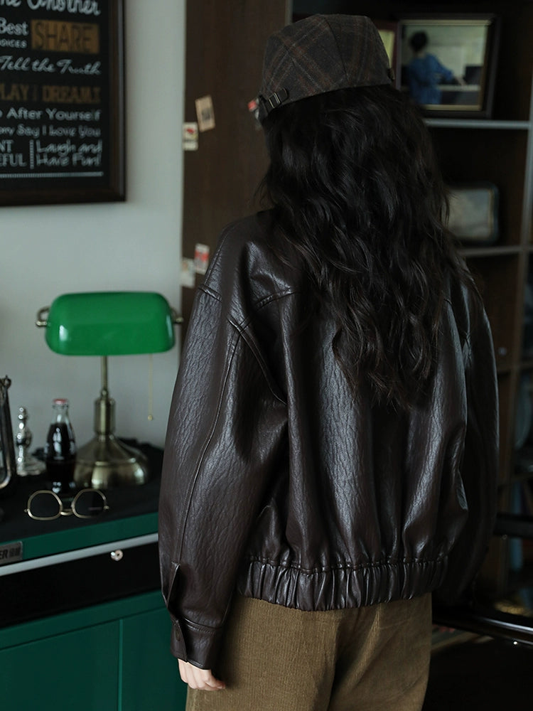 Elastic Waistband Classic Leather Jacket