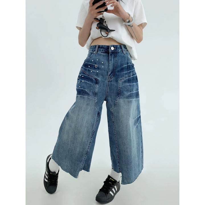 Irregular Hem Wide-Leg Cropped Jeans