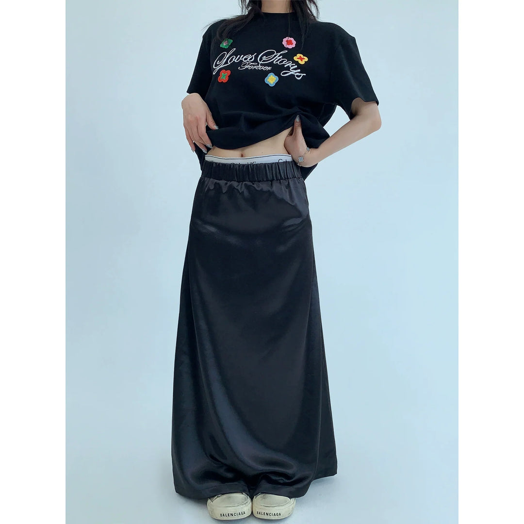 Satin Maxi Straight Skirt with Elastic Waist