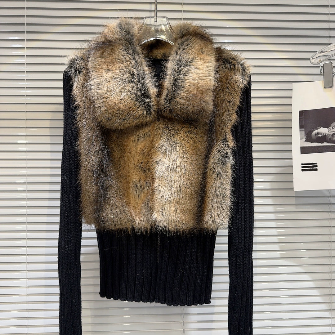 Ribbed Knit Faux Fur Trim Wool Sweater