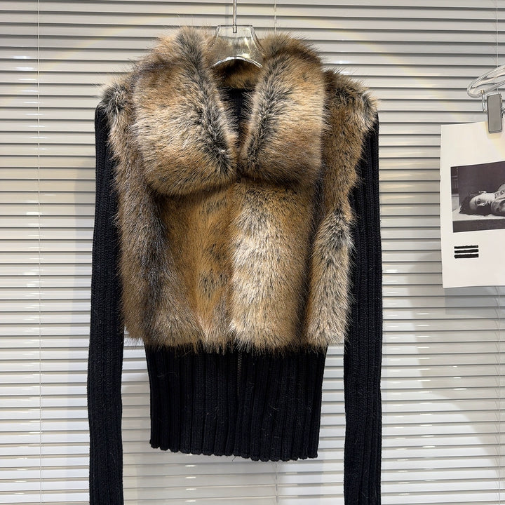 Ribbed Knit Faux Fur Trim Wool Sweater