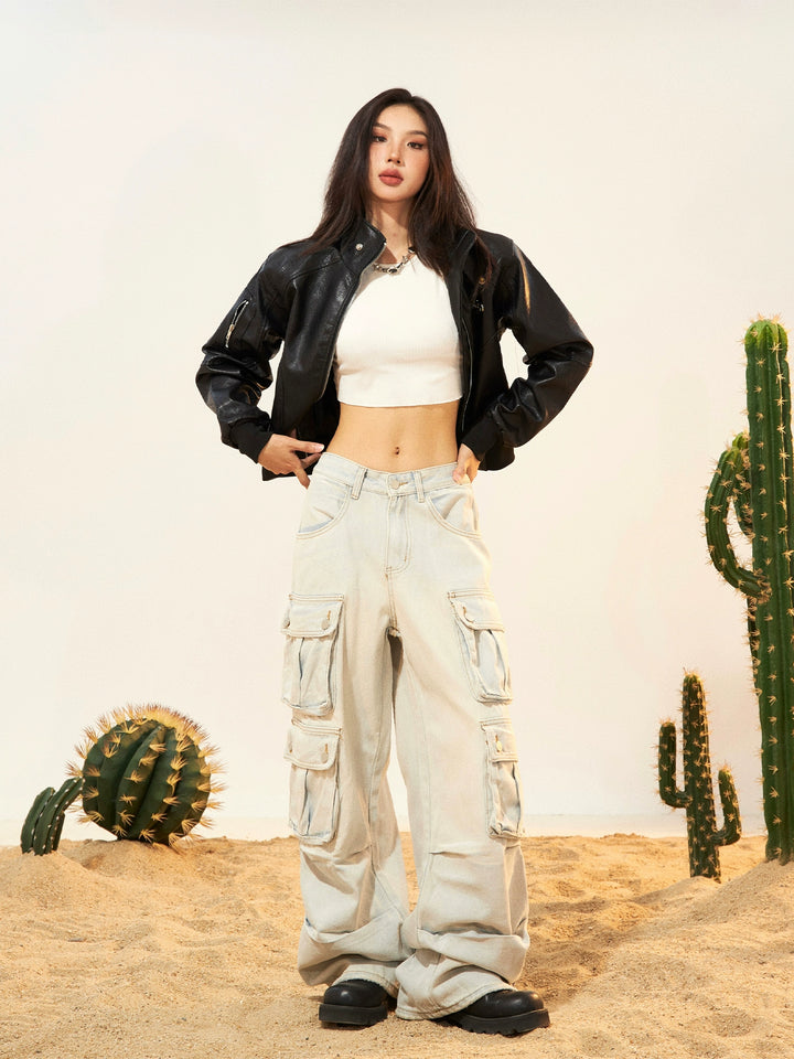 Wide-Leg Pockets Cargo Jeans
