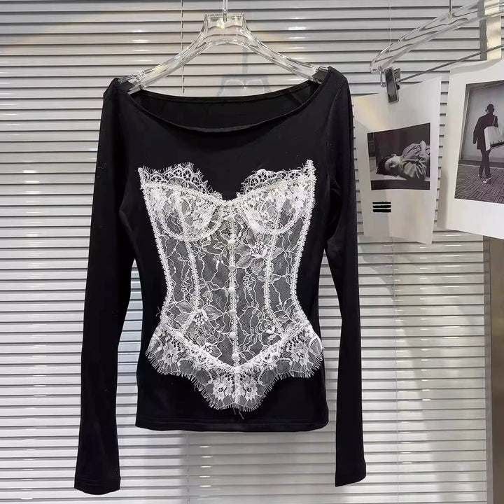 Lace Overlay Long Sleeve T-Shirt