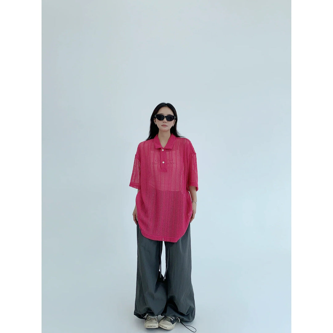 Hollow Knit Polo Collar Short Sleeve Top