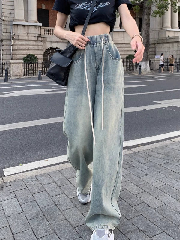 Wide-Leg Drawstring Denim Pants