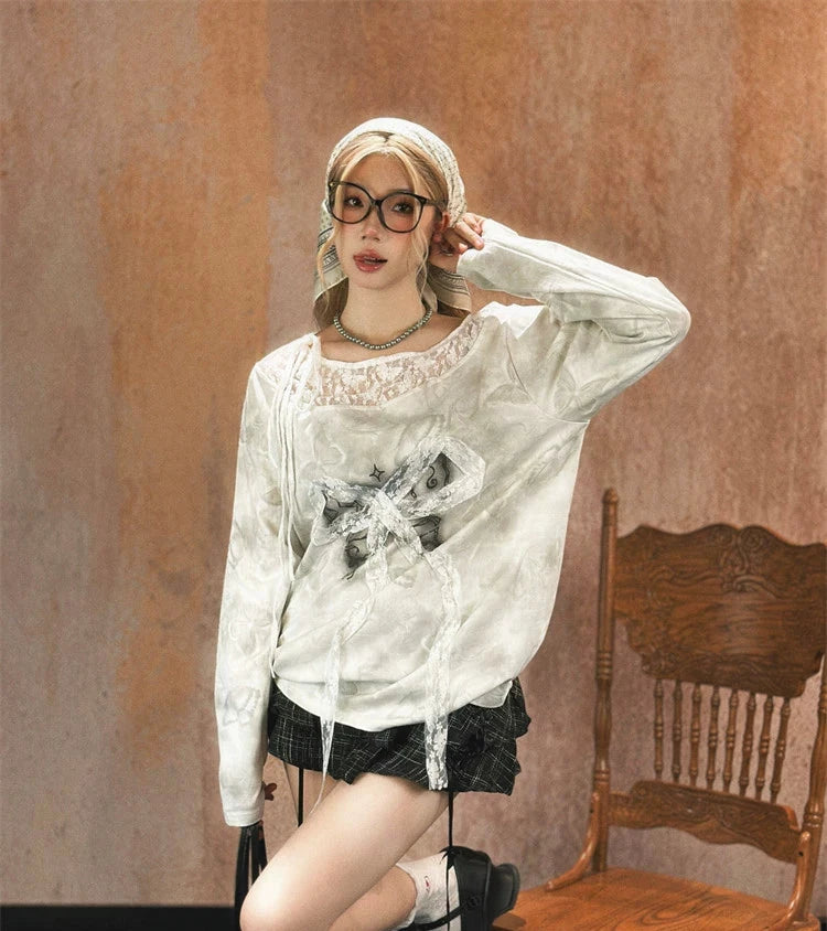 Lace Ribbon Accent Wool Sweater