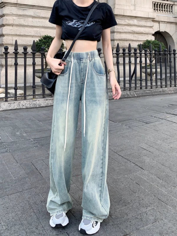 Wide-Leg Drawstring Denim Pants