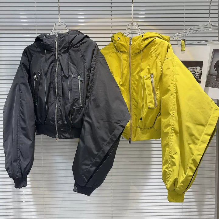 Hooded Pockets Zipper Short Coat