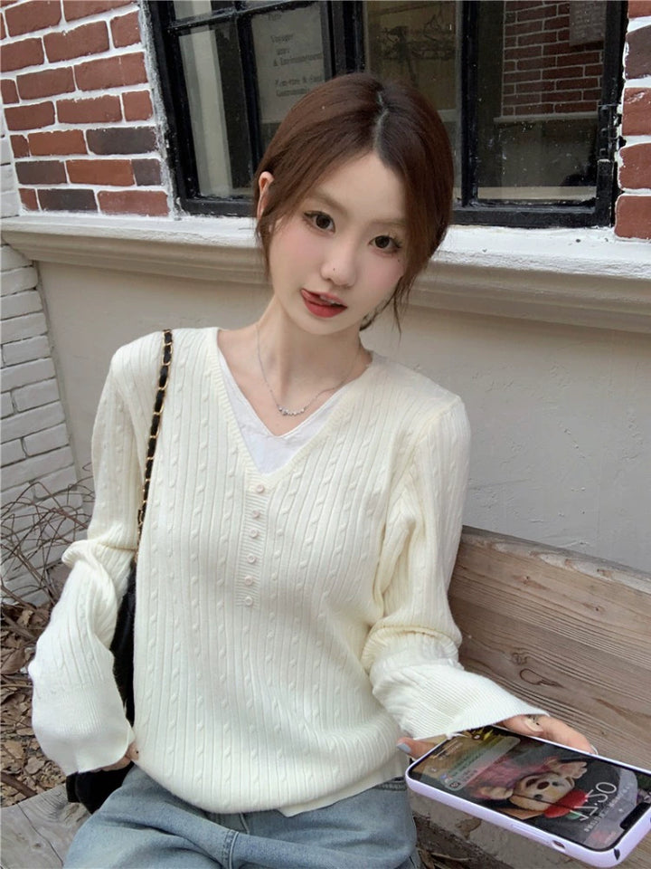 V-Neck Buttoned Wool Sweater