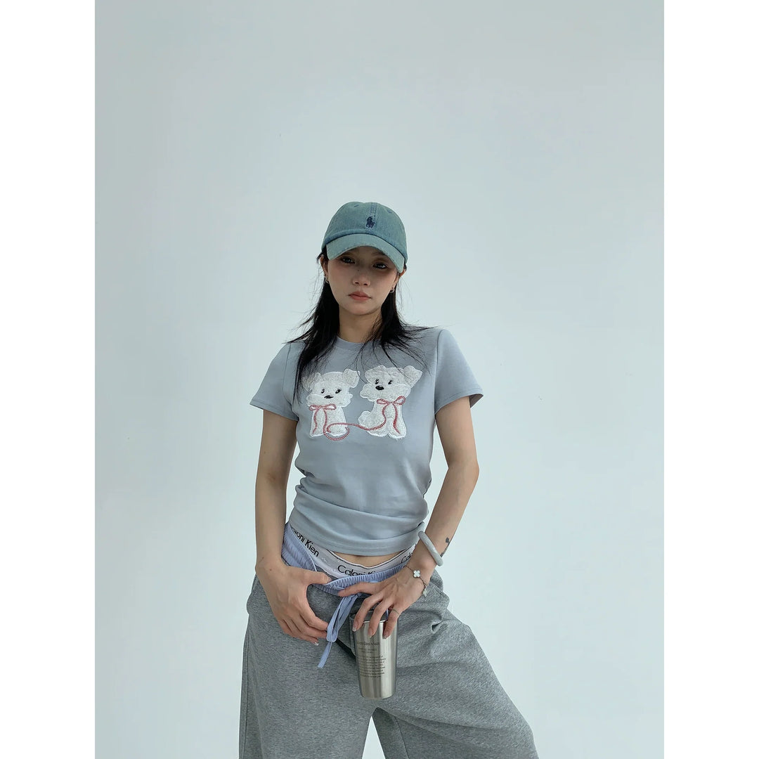 Cartoon Dog Embroidery Short Sleeve Top