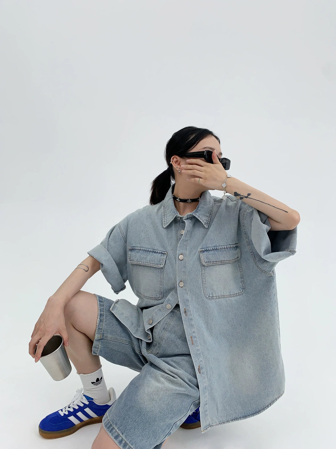 Oversized Short Sleeve Button-Up Denim Shirt