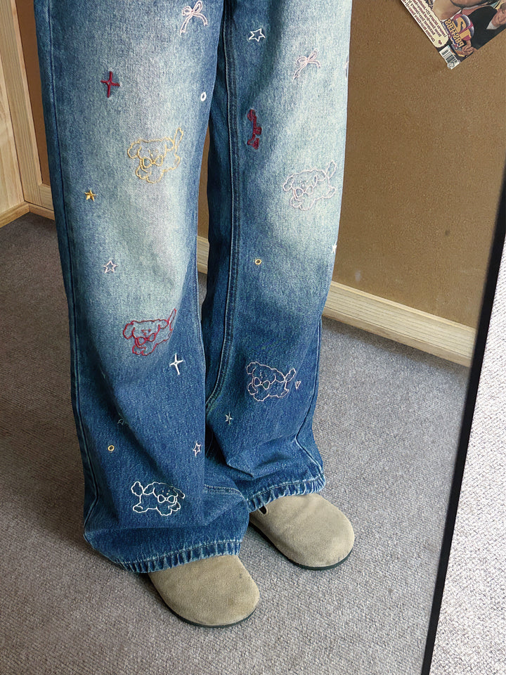 Embroidered Wide-Leg Jeans with Graphic Accents