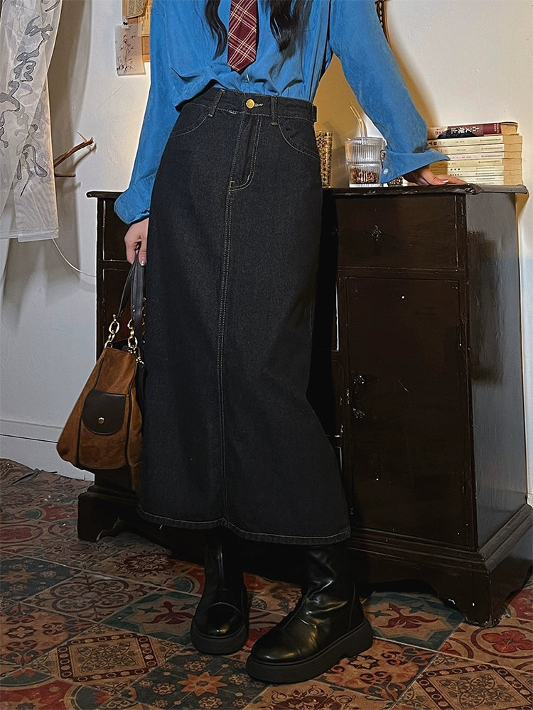 Denim High-Waist Midi Skirt