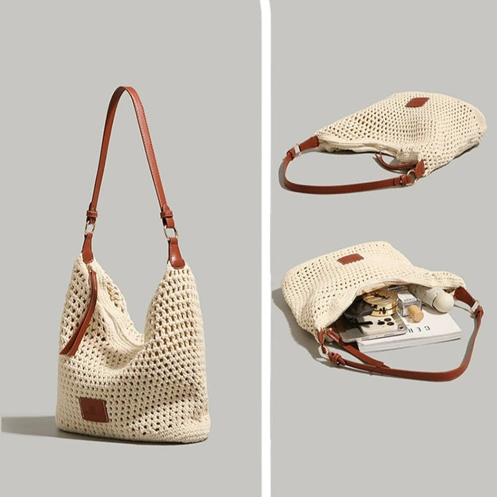 Leather Strap Crochet Tote Bag