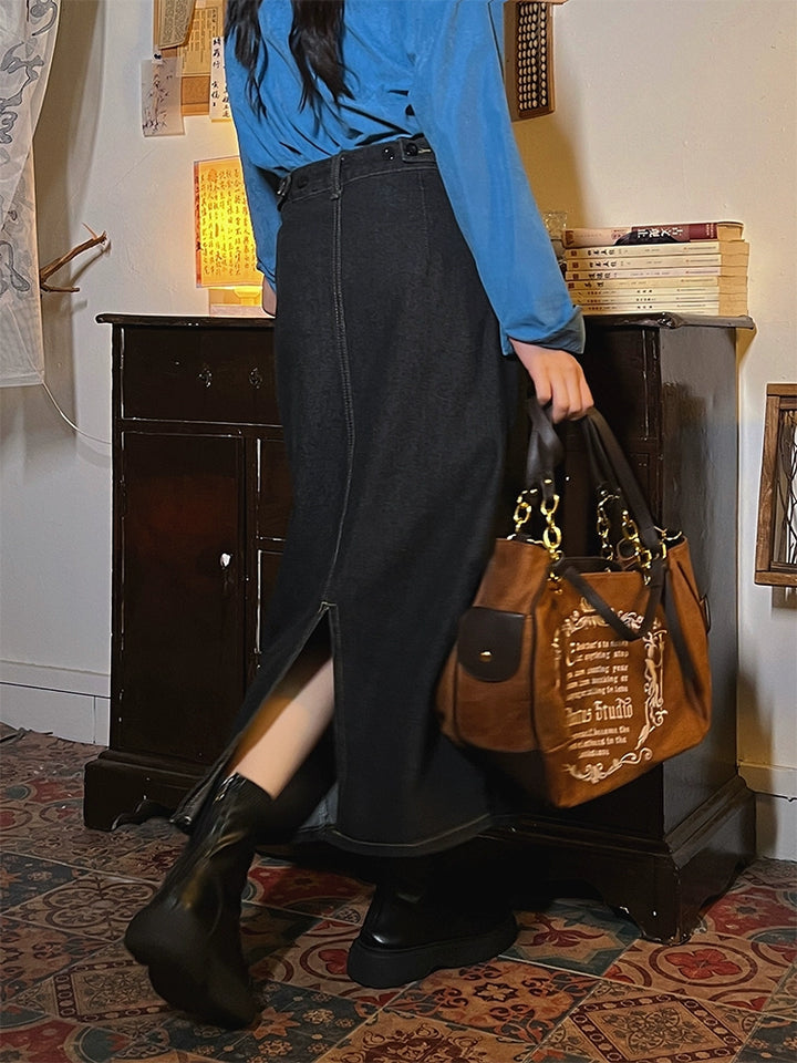 Denim High-Waist Midi Skirt