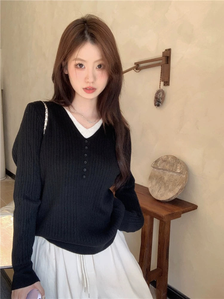 V-Neck Buttoned Wool Sweater