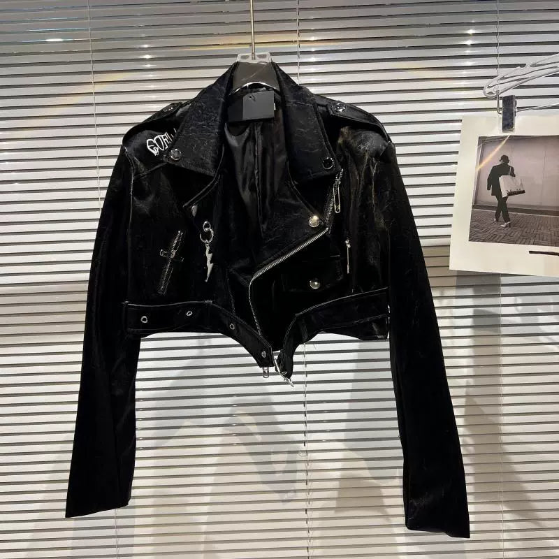 'Outsiders' Print Zipper Leather Jacket