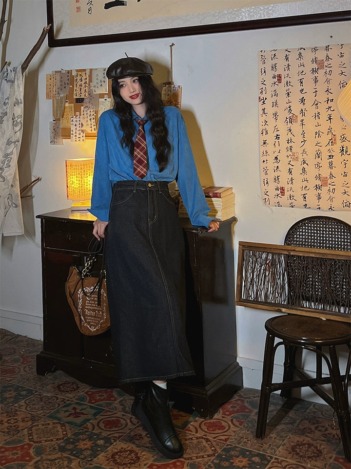 Denim High-Waist Midi Skirt