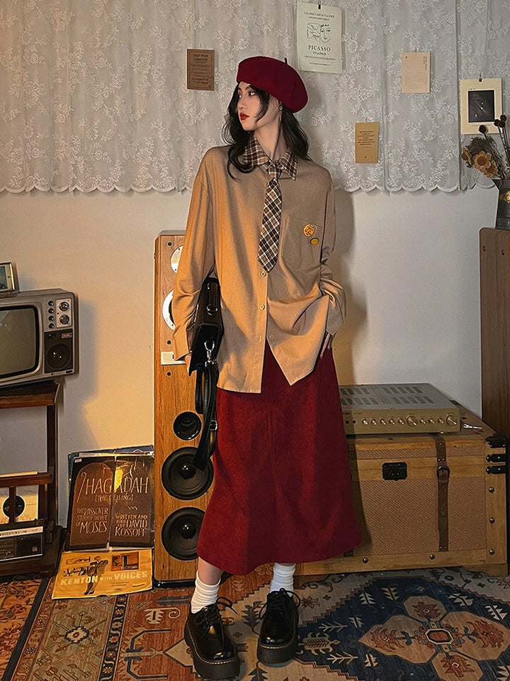 Casual Mid-Length Corduroy Skirt