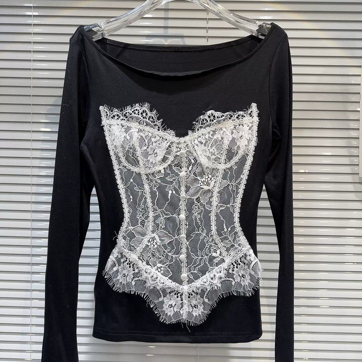 Lace Overlay Long Sleeve T-Shirt