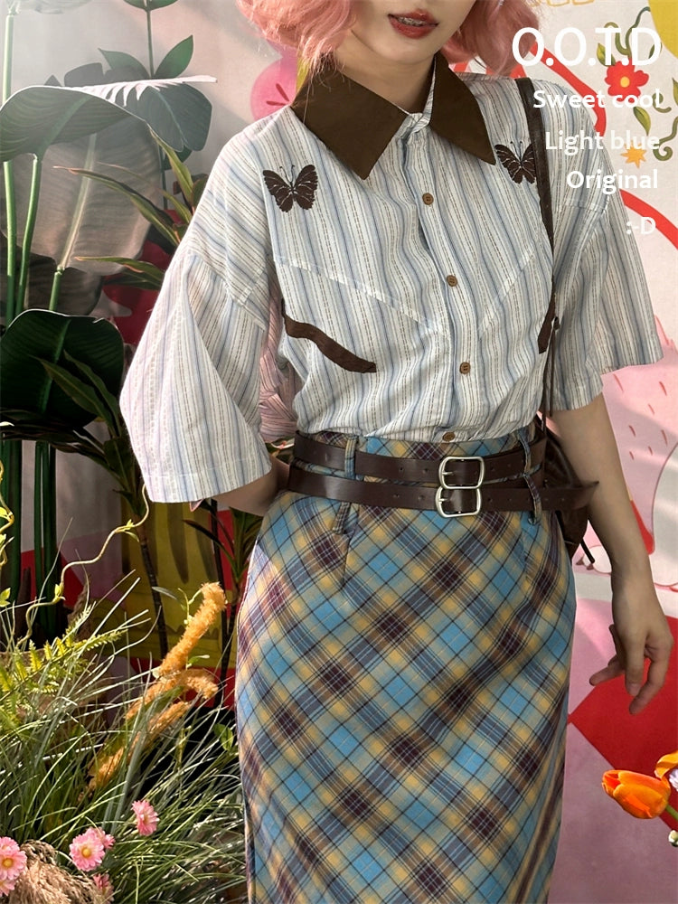 Butterfly Patterned Striped Shirt