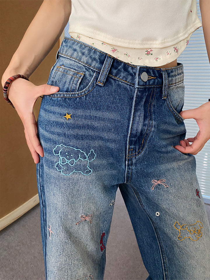Embroidered Wide-Leg Jeans with Graphic Accents
