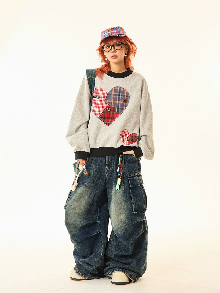 Plaid Patchwork Heart Sweatshirt
