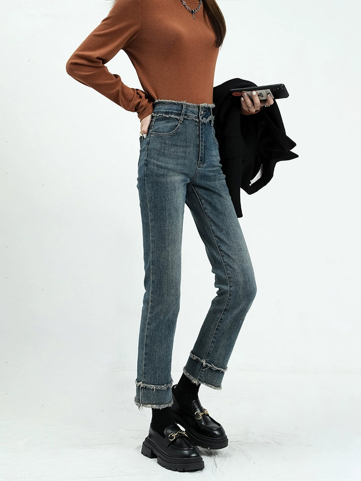 Frayed Hem High-Waisted Jeans