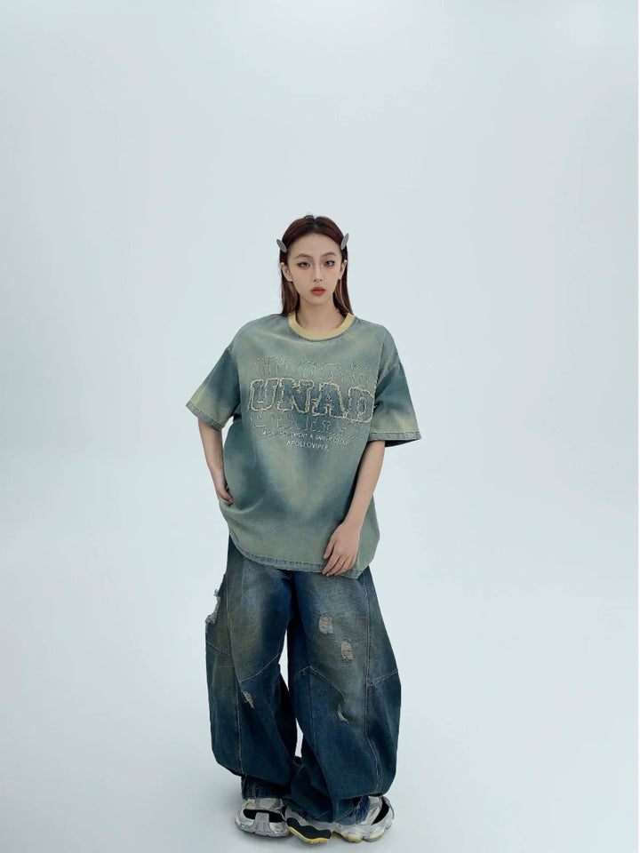 Denim Embroidered Patch Short Sleeve T-shirt