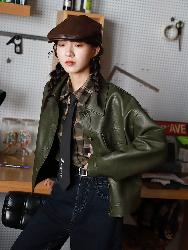 Button Closure Pockets Leather Jacket