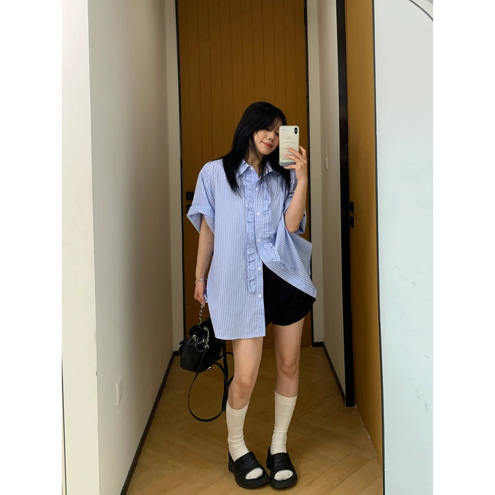 Vertical Striped Lace Short Sleeve Shirt