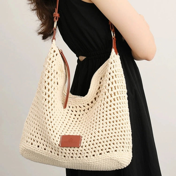 Leather Strap Crochet Tote Bag