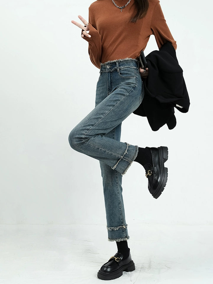 Frayed Hem High-Waisted Jeans