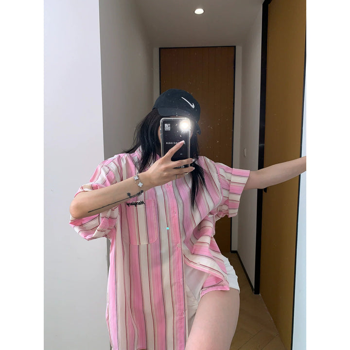 Vertical Striped Short Sleeve Relaxed Shirt