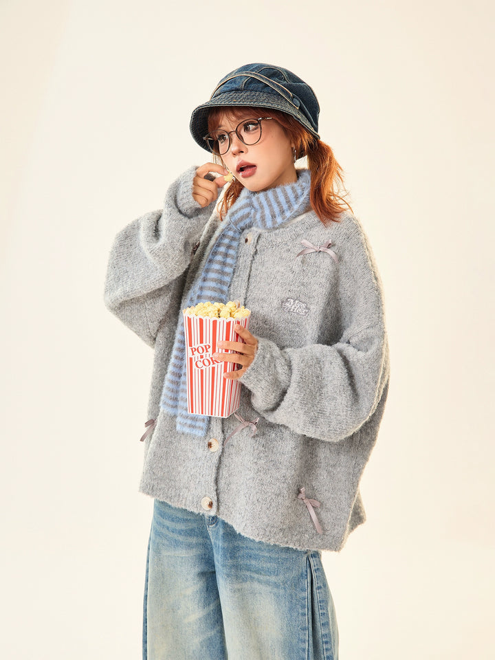Bow Decoration Button-Up Knit Sweater