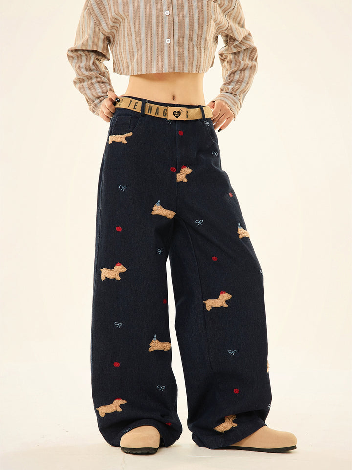 Embroidered Wide-Leg Casual Pants