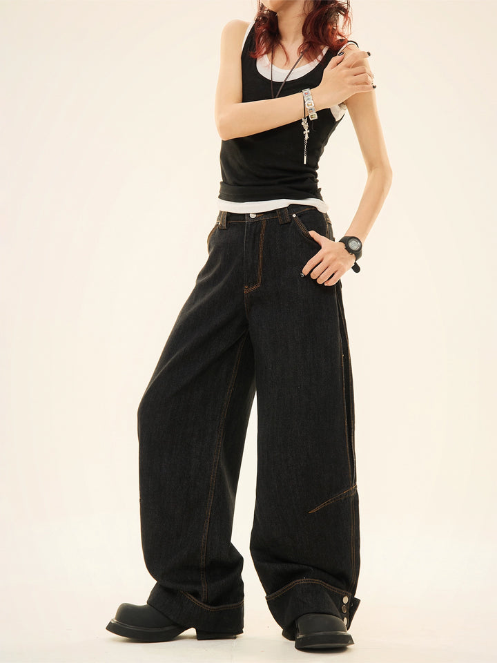 Button Decoration Wide-Leg Denim Pants