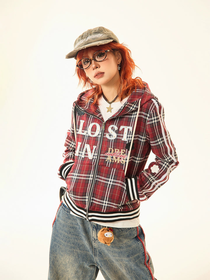 Graphic Decals Plaid Hooded Sweatshirt